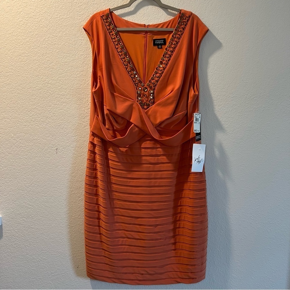 Women’s new Adrianna Papell orange layered beaded body con dress size 22